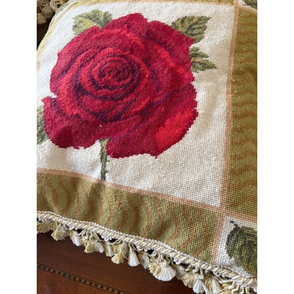 Decorative Needlepoint Throw Feather Pillow With Red Rose Design & Tassel Trim - Picture 2 of 4